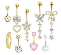 TELAIN Set de Anillos para Ombligo 9 piezas Joyas de Piercing de Acero Quirúrgico, Colgantes Adorables (Lazo, Mariposa, Corazón, Flor), 14G