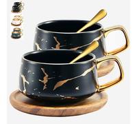 TELANKS Juego de 2 tazas de té y platillo, taza de café espresso de porcelana con platillo y cuchara, tazas de cerámica para el hogar y restaurantes, regalos de San Valentín, cumpleaños, Navidad, para