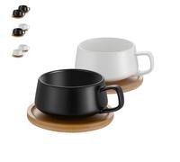 TELANKS Juego de 2 tazas de café con plato, 300 ml, tazas de café de gres para té, café, capuchino, tazas de café con disco de madera, color blanco y negro
