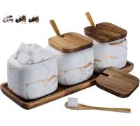 TELANKS Juego de 3 azucareros con tapa y cuchara, recipiente para especias de cerámica, salero con tapa, olla para el hogar y la cocina