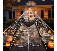 Telaraña de Halloween de 276" para decoración de exteriores, araña gigante peluda de Halloween de 59" de gran tamaño, telarañas de 40 g, 50 mini arañas falsas para decoración de fiestas en interiores