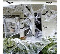 Telarañas Halloween: 100g de Telarañas Blancas, 30 Arañas Falsas y 24 Murciélagos para Decoración de Terror en Halloween