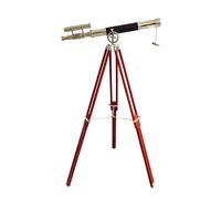 Telescopio antiguo de doble barril con acabado de latón brillante con trípode vintage marrón de madera, telescopios espía de cuero náutico, decoración de barco marinero, coleccionables