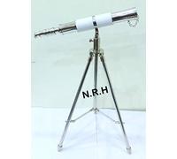 Telescopio de cristal espía con acabado cromado y cuero blanco de un solo barril en trípode de mesa
