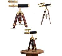 Telescopio de Cuero de Doble Barril de Acabado de latón Vintage en trípode de Madera