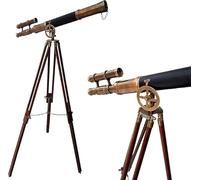Telescopio de cuero negro de estilo náutico, telescopio marítimo de latón antiguo, doble barril, telescopio de diseño con trípode de madera, telescopios de pie