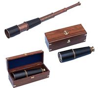 Telescopio de Mano Pirata Antiguo de Cobre de 18 Pulgadas de Cuero Marinero marítimo Spyglass telescopio W/Caja de Madera
