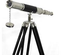Telescopio de trípode negro vintage de cuero náutico con diseño de barco marinero, acabado cromado, latón marino, decoración de oficina y hogar.