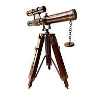 Telescopio decorativo de latón de 9 pulgadas con soporte, soporte de madera de latón, vintage, doble barril, telescopio real, decoración de mesa para el hogar y la oficina, regalo rústico (doble