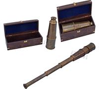 Telescopio funcional del capitán | Hecho en latón | Óptica de vidrio e instrumento de pirata | Acabado antiguo | 18 pulgadas | W/caja de madera | Spyglass estilo portátil