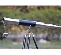 Telescopio náutico de cuero negro con diseño de barco, acabado cromado, trípode negro vintage