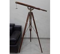 Telescopio náutico de latón brillante de madera de color marrón marino con trípode de madera