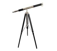 Telescopio náutico de latón vintage de cuero negro con aspecto real con soporte de trípode de madera ajustable hecho a mano