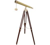 Telescopio náutico vintage de latón brillante, trípode de madera, acabado dorado y marrón, decoración del hogar