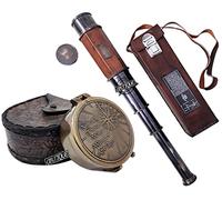 Telescopio victoriano Sailor de latón antiguo Spyglass en estuche de cuero + brújula de grabado de latón vintage con estuche de cuero