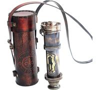 Telescopio vintage de latón con funda de cuero, réplica náutica marítima, estilo azul marino real