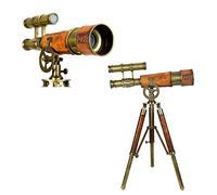 Telescopio vintage de latón con trípode - Alcance náutico de aumento 15x con envoltura de cuero rojo | Decoración marítima antigua para el hogar, oficina, observación de estrellas y regalo de