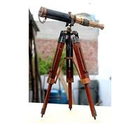Telescopio vintage de latón con trípode único de madera, telescopio de escritorio, decoración antigua para el hogar