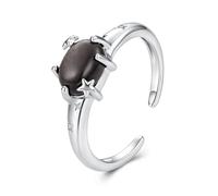 Teleye Anillo abierto de obsidiana chapado en plata para mujer