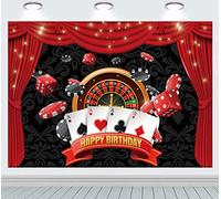 Telón de fondo con temática de casino de Las Vegas con temática de feliz cumpleaños, casino, carnaval, fiesta nocturna, pancarta de cartas de juego, dados rojos, fondo de fotografía (7 x 5 pies)