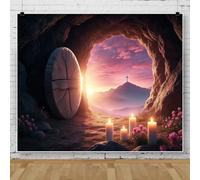 Telón de fondo de 12 x 10 pies con diseño religioso de Pascua con texto en inglés "He is Risen", color morado, vela, flor, fondo de tumba vacía para fotografía, resurrección, domingo, Pascua, iglesia