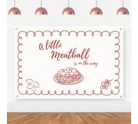 Telón de fondo de albóndigas para baby shower con texto en inglés "A Little Meatball is on the way", telón de fondo de pancarta de espaguetis rojos, decoraciones de cannoli sagrado para nuevos padres