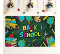 Telón de fondo de autobús de campus, libros educativos de frutas juguetones de regreso al campus, decoración verde para decoración de pared de hogar, habitación, celebración, 71 x 43 pulgadas