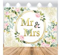Telón de Fondo de Boda 2,2x1,5m, ASDCXZ Flores Blancas Rosas Hojas Verdes Brillo Dorado Mr&Mrs Vinilo Fotografía de Fondo para Boda Despedida de Soltera Fiesta Decoración de Mesa de Pastel