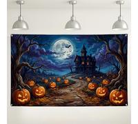 Telón de fondo de calabazas, mansión gótica y misteriosa luna, Halloween, decoración naranja, telón de fondo para cabina de fotos, fiestas, reuniones, eventos, fondo de 71 x 43 pulgadas