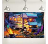 Telón de fondo de caravana para camping, decoración vintage de aventura al aire libre, acogedor fondo de fotos de fogata para eventos de fiesta de viaje, 71 x 43 pulgadas