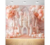 Telón de fondo de castillo rosa para fotografía, telón de fondo de arco de globos de princesa con diseño de fantasía floral, telón de fondo de fiesta de princesa rosa rubor para cumpleaños de niñas