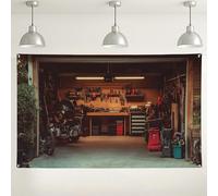 Telón de fondo de cobertizo de herramientas de garaje, decoración rústica de taller con elementos vintage para cabina de fotos de bricolaje, ideal para reuniones familiares y fiestas de manualidades