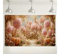 Telón de fondo de cuento de hadas de caramelo, árboles de azúcar de algodón y melocotón, decoraciones de calabaza, ideal para fiestas infantiles y cabinas de fotos, festividades de otoño, 71 x 43