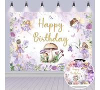 Telón de fondo de cumpleaños de hadas para niña, flores moradas, mariposa, hongo, mi hada, primer fondo de fotografía, temática de cuento de princesa, decoración de fiesta de cumpleaños, accesorios de