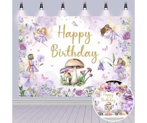Telón de fondo de cumpleaños de hadas para niña, flores moradas, mariposa, hongo, mi hada, primer fondo de fotografía, temática de cuento de princesa, decoración de fiesta de cumpleaños, accesorios de