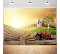 Telón de fondo de escena de granja de campo de 5 x 3 pies, camión de granero rojo, fondo de fotografía, colinas de campo, amanecer, decoración de fondo de cabina de fotos