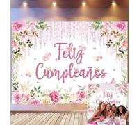 Telón de fondo de feliz cumpleaños con flores rosas para fotografía, pancarta de fiesta de mariposa rosa para mujeres y niñas, suministros de cabina de fotos (7 x 5 pies)