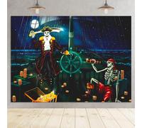 Telón de fondo de fiesta de cumpleaños y Halloween pirata de 7 x 5 pies, decoración de tela con temática de esqueleto muerto