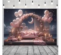 Telón de fondo de globo rosa de princesa, telón de fondo floral para fotografía, flores de luna, fantasía, cuento de hadas, decoración de fiesta, pancarta rosa de princesa para fiesta de cumpleaños (D