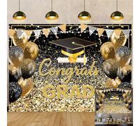 Telón de fondo de graduación 2026, color negro y dorado, con texto en inglés "Congrats Grad Bachelor Cap Balloon Prom Send Off" para fotografía, celebración escolar, clase de 2026, decoración de