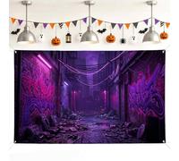 Telón de fondo de graffitis, luces de neón urbanas de callejón de Halloween, violeta, telón de fondo de fotos para reuniones familiares, celebraciones, sesiones de fotos, 71 x 43 pulgadas