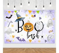 Telón de fondo de Halloween Boo Bash, decoración de fiesta de Halloween, fondo de fotografía, calabaza, fantasma, murciélago, telón de fondo morado para baby shower, cumpleaños, Halloween, fiesta,
