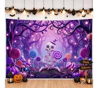 Telón de fondo de Halloween con diseño de esqueleto de bosque de caramelos | Bosque fantástico, telón de fondo de fotografía, piruletas coloridas, personaje de esqueleto juguetón, tema violeta vibrante