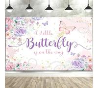 Telón de fondo de mariposa para baby shower de 12 x 10 pies, con texto en inglés "A Little Butterfly is on The Way", fondo de fotografía, decoración de pancarta de mariposa dorada y morada para niñas