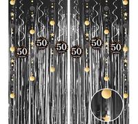Telón de fondo de oropel negro y dorado para fiesta de 50 cumpleaños, decoración de 50 espirales colgantes de oropel para decoración de cumpleaños, cortina negra dorada para fiesta de cumpleaños de