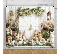 Telón de fondo de Pascua para fotografía, 10 x 8 pies, puerta de granero de madera rústica, huevos de conejo de Pascua, fondos de primavera acogedores para sesión de fotos, flores verdes, pancartas de