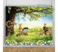 Telón de fondo de primavera y Pascua, 12 x 10 pies, huevos coloridos, flores, conejo, debajo del árbol, fondos de Pascua para fotografía de fondo para decoración de fiesta de cumpleaños al aire libre