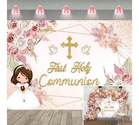 Telón de fondo de primera comunión, diseño floral rosa de Dios bendiga el bautismo, fondo de fotografía para niñas recién nacidas, bautizo, baby shower, decoración de fiesta (210 x 150 cm)