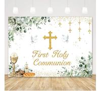 Telón de fondo de primera comunión, hojas de eucalipto verde, Dios bendiga el bautismo, fondo de fotografía, pancarta de fiesta de bautizo para recién nacido, baby shower, decoración de fiesta de