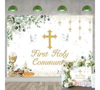 Telón de fondo de primera comunión, hojas de eucalipto verde, Dios bendiga el bautismo, fondo de fotografía, pancarta de fiesta de bautizo para recién nacido, baby shower, decoración de fiesta de